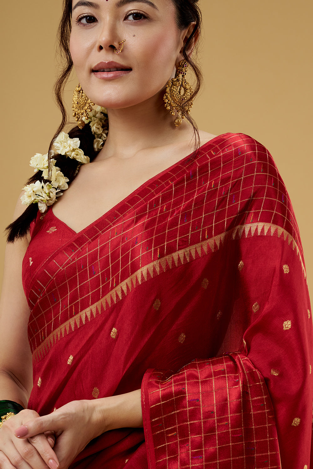 Red Satin Silk Saree with Zari Work