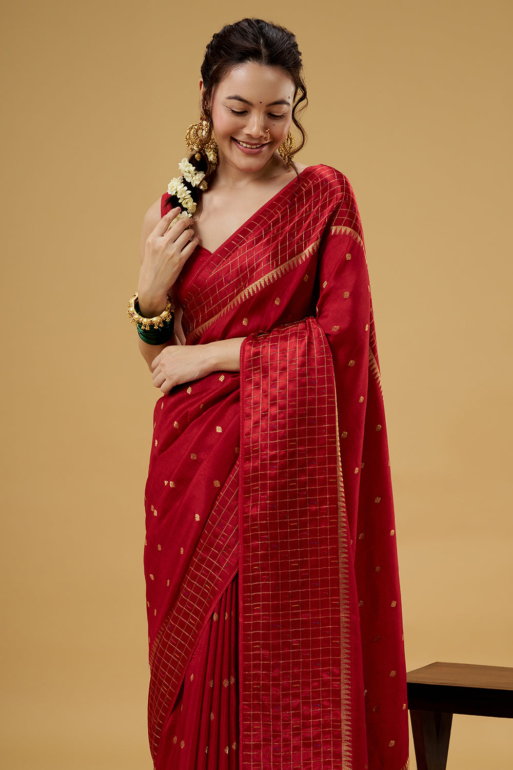 Red Satin Silk Saree with Zari Work