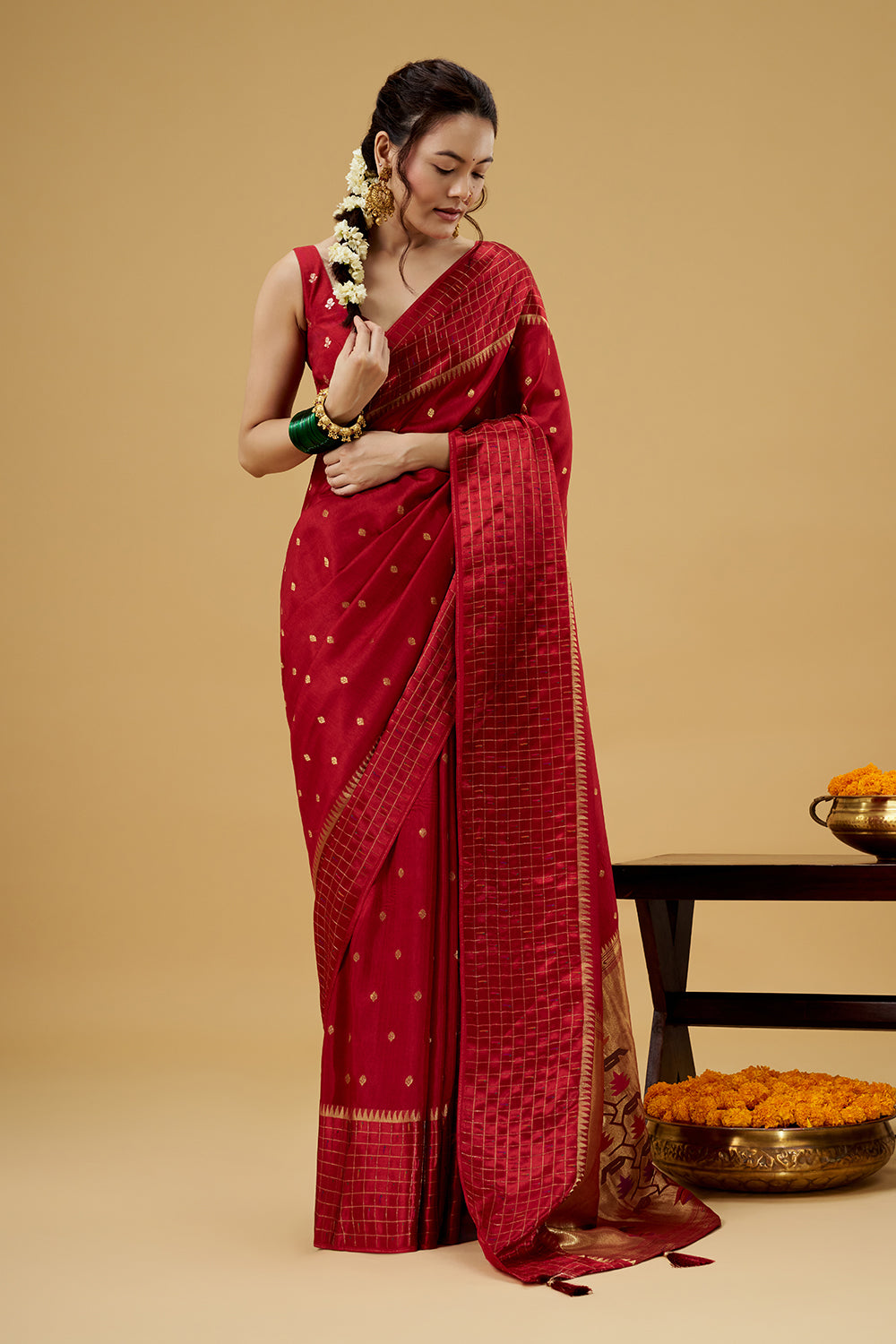 Red Satin Silk Saree with Zari Work