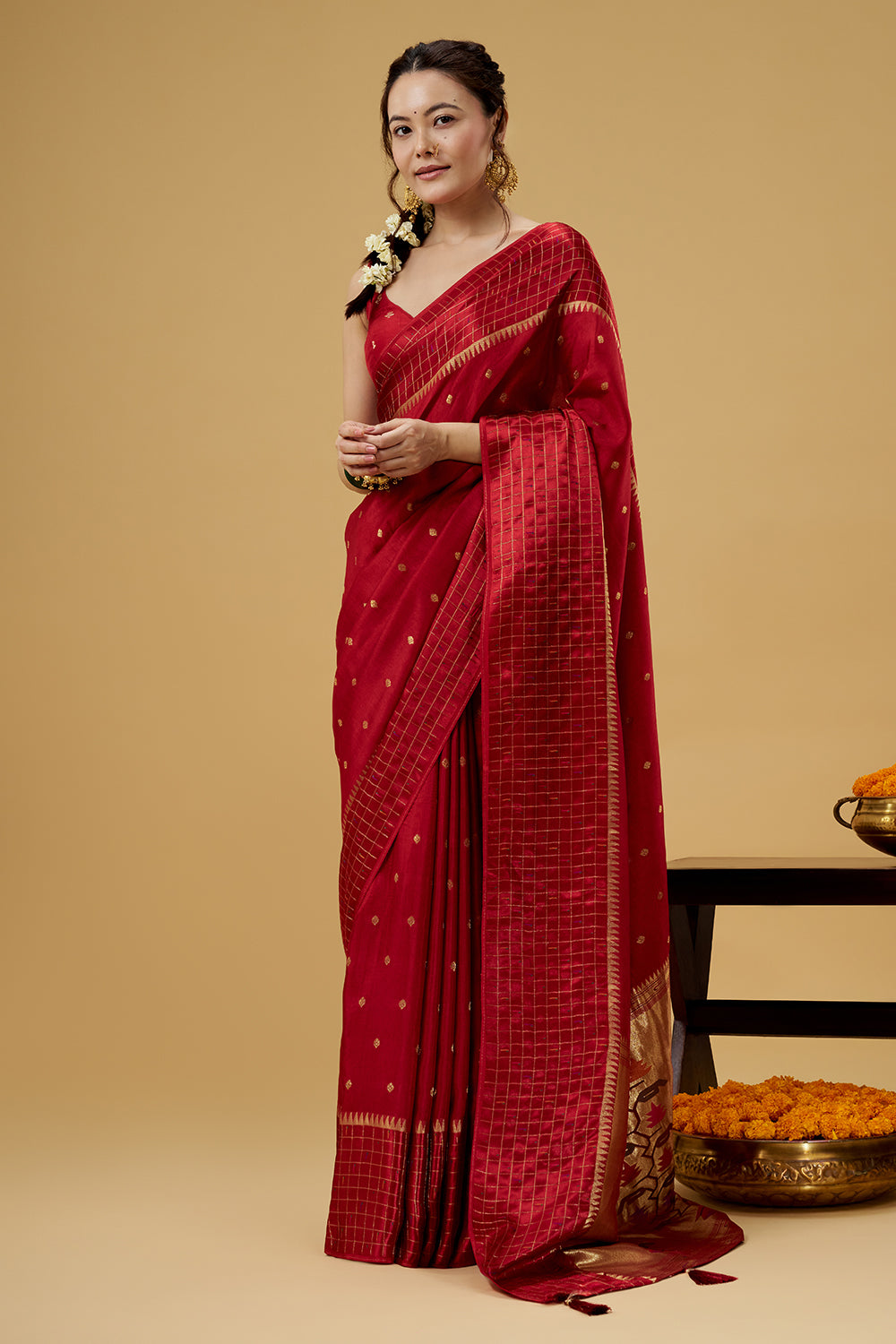 Red Satin Silk Saree with Zari Work