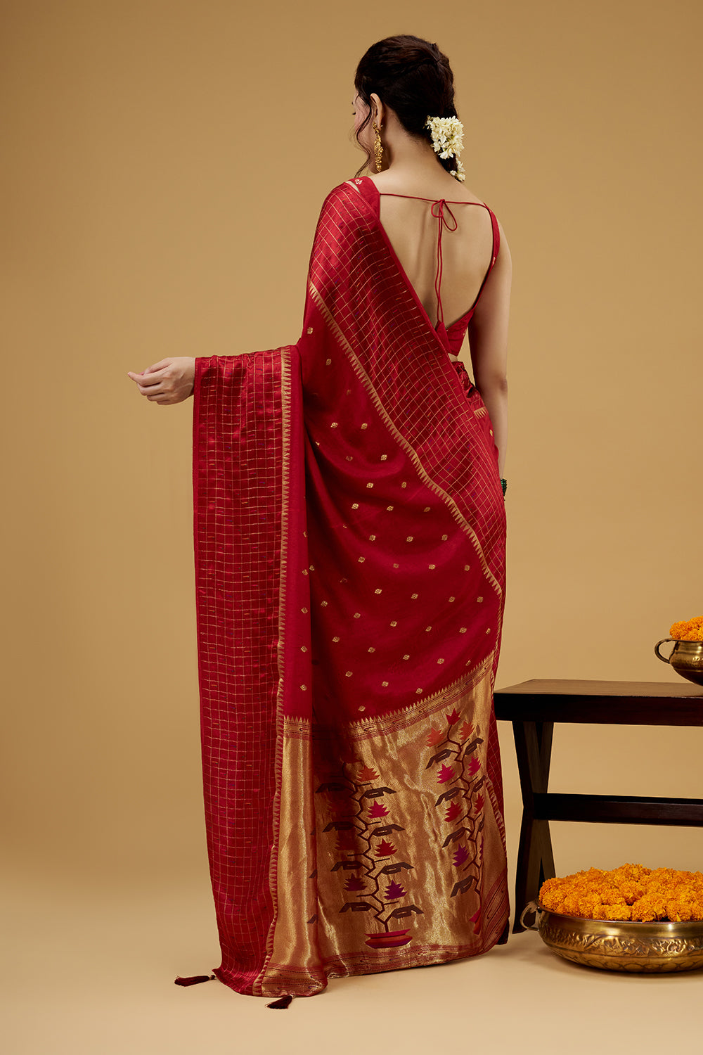 Red Satin Silk Saree with Zari Work