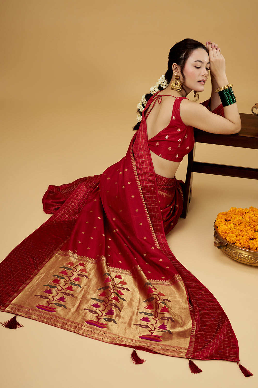 Red Satin Silk Saree with Zari Work