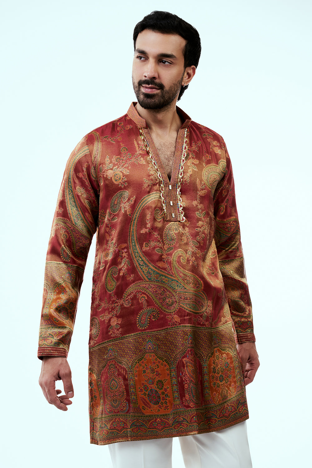 Red Shimmer Silk Mens Kurta Set with Traditional Intricate Handiwork