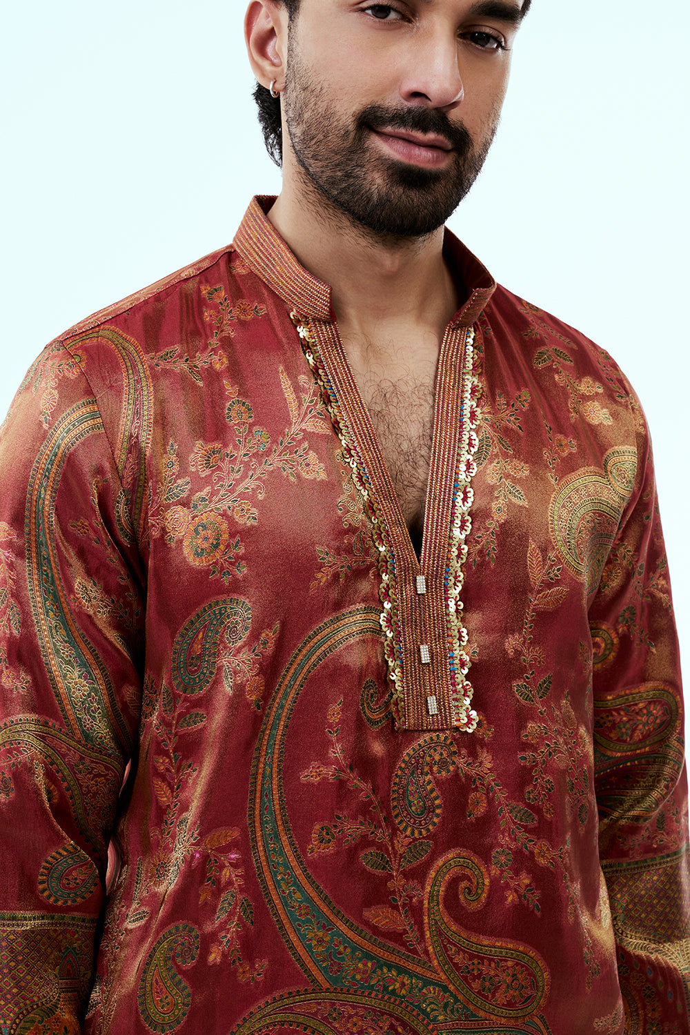 Red Shimmer Silk Mens Kurta Set with Traditional Intricate Handiwork