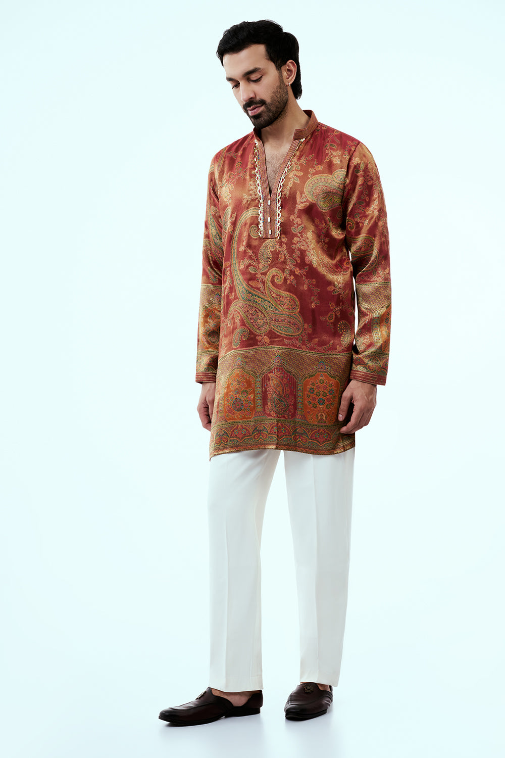 Red Shimmer Silk Mens Kurta Set with Traditional Intricate Handiwork