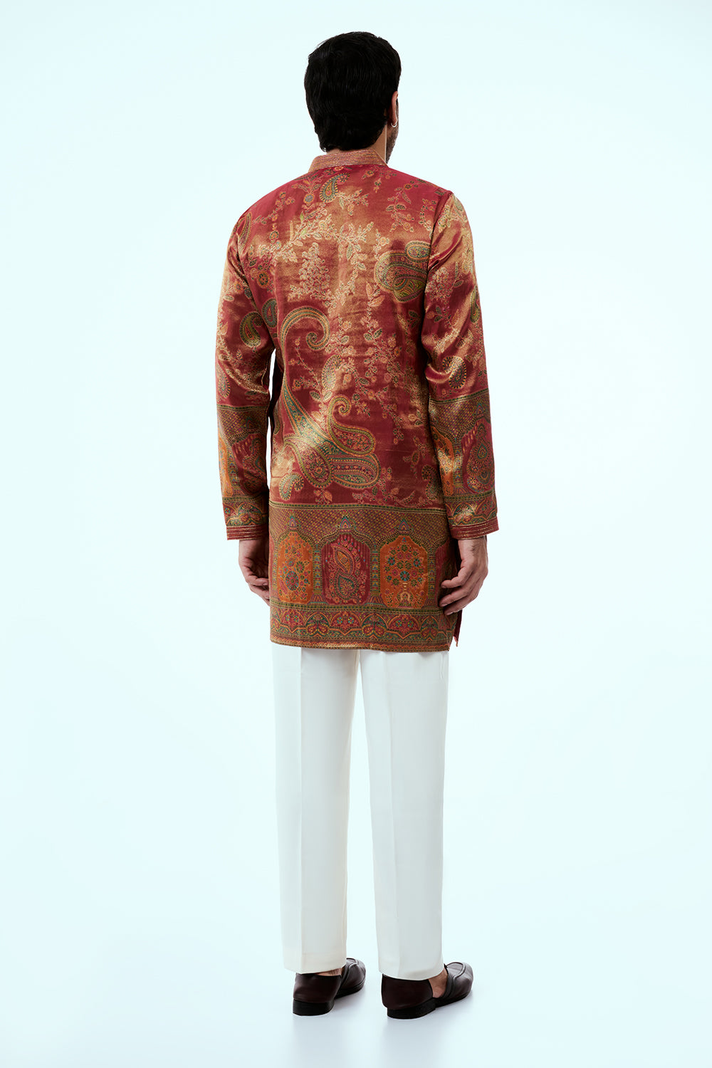 Red Shimmer Silk Mens Kurta Set with Traditional Intricate Handiwork