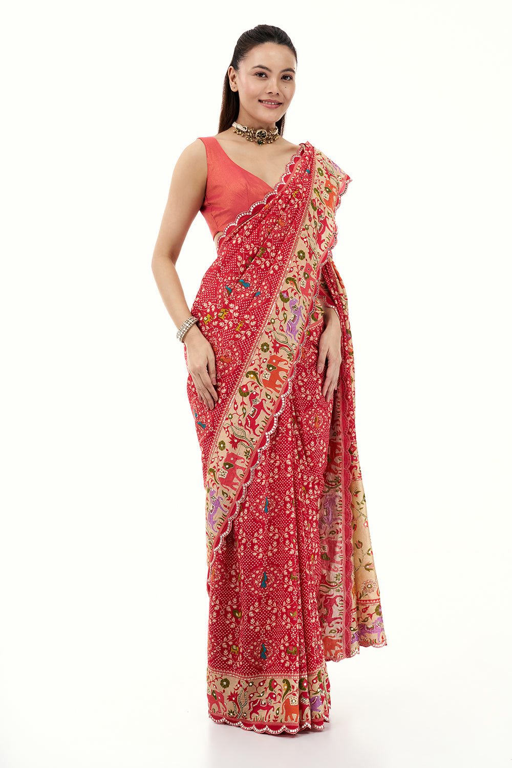 Red Silk Bandhej Print Saree with Mirror and Zari Work