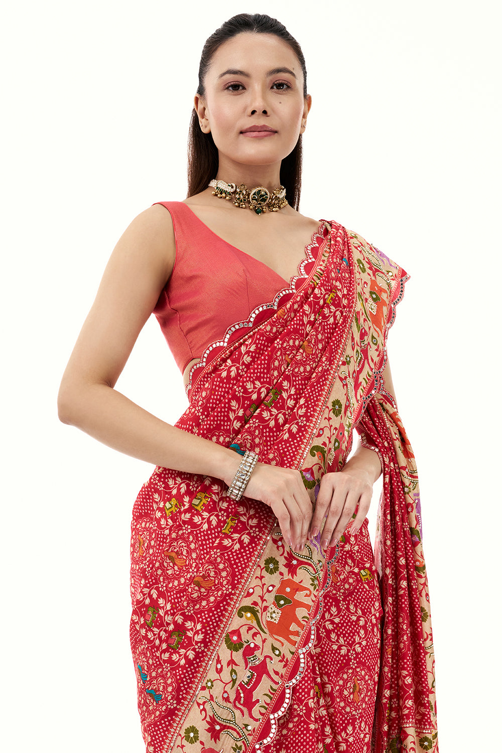 Red Silk Bandhej Print Saree with Mirror and Zari Work