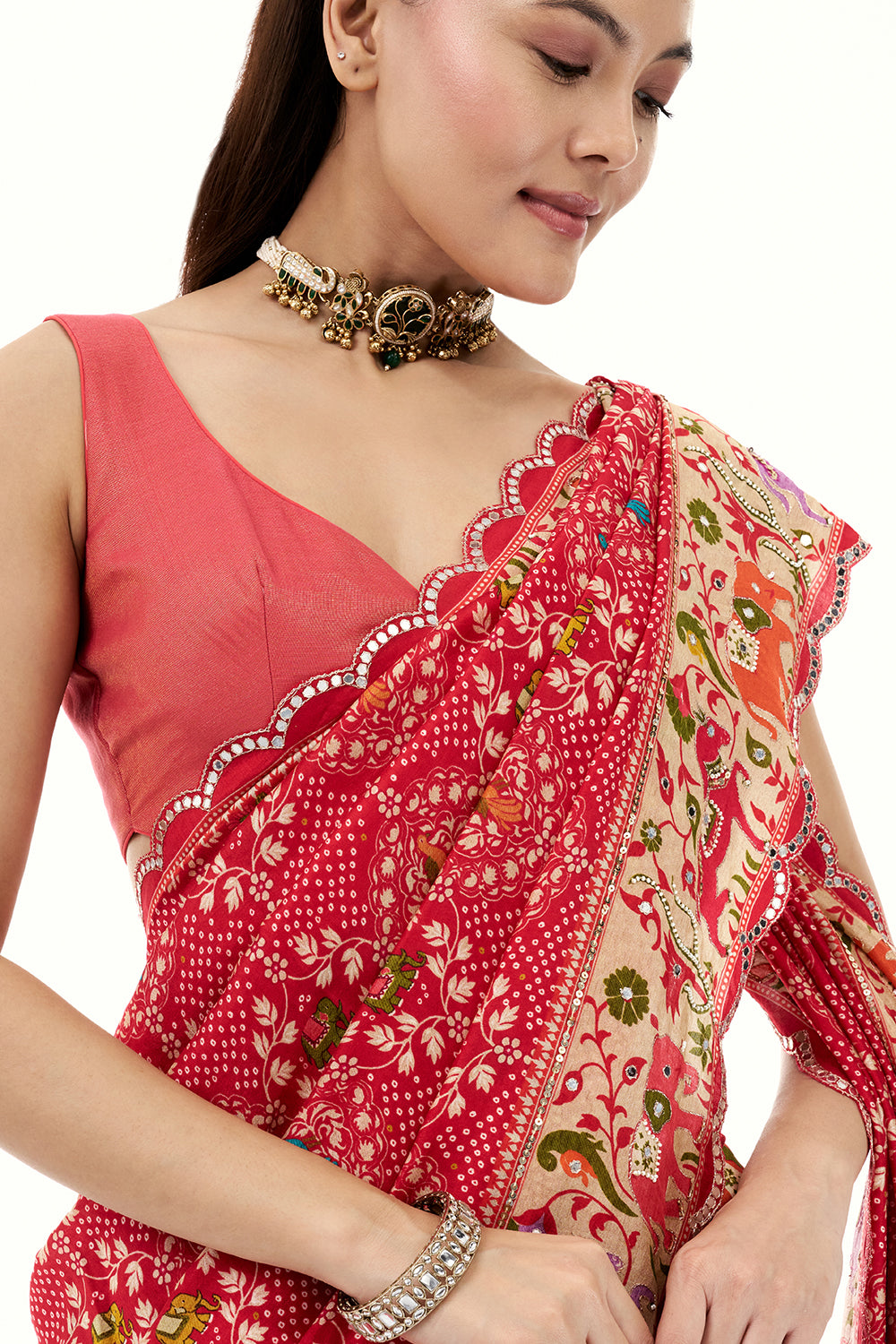 Red Silk Bandhej Print Saree with Mirror and Zari Work
