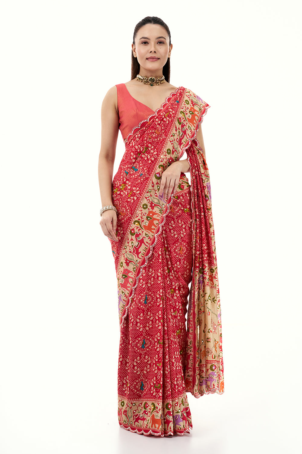 Red Silk Bandhej Print Saree with Mirror and Zari Work