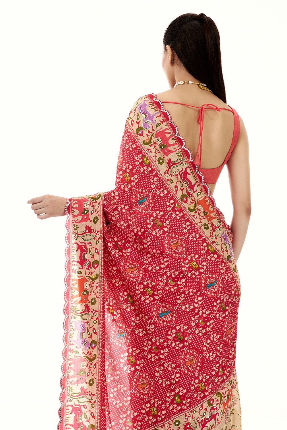 Red Silk Bandhej Print Saree with Mirror and Zari Work