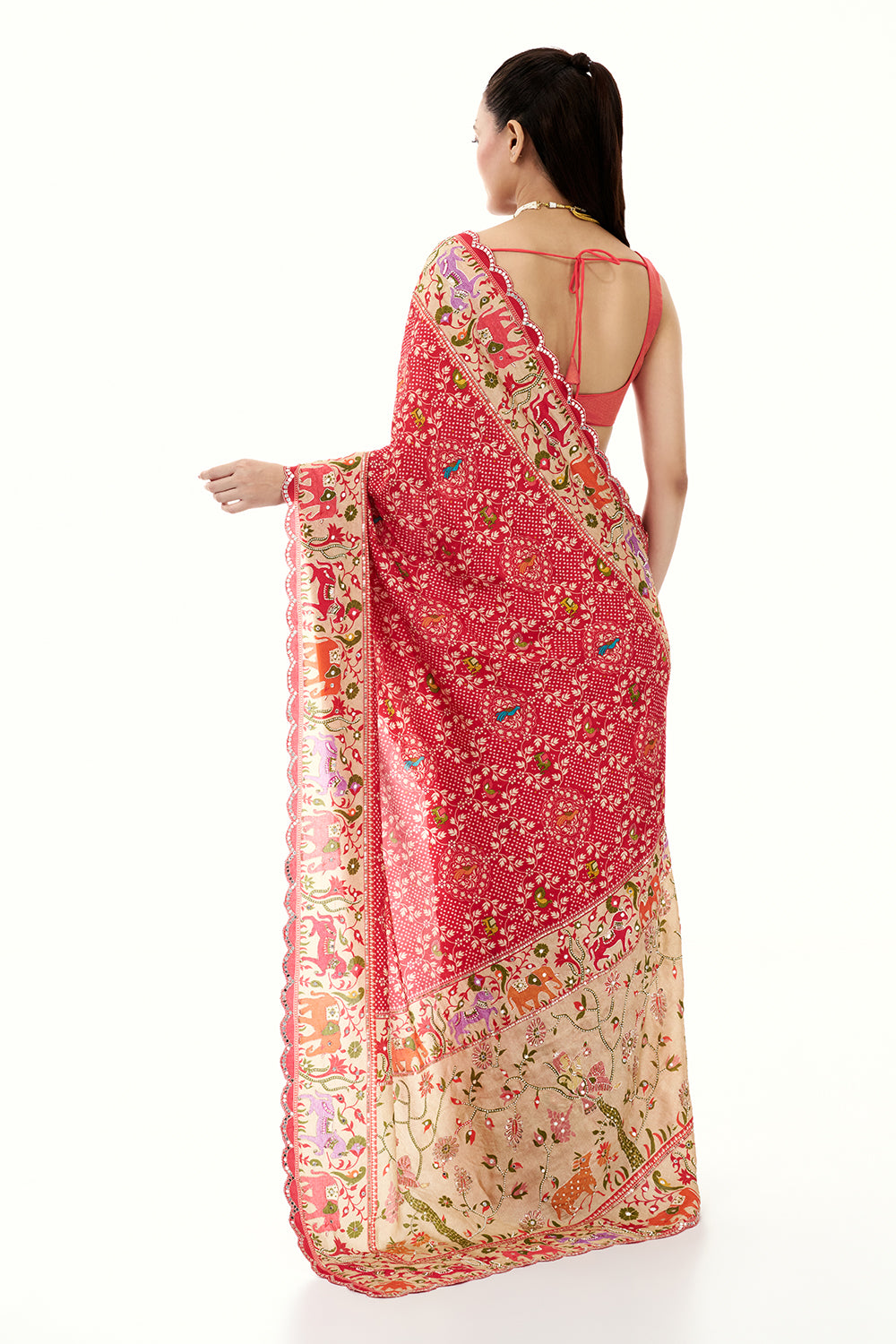 Red Silk Bandhej Print Saree with Mirror and Zari Work