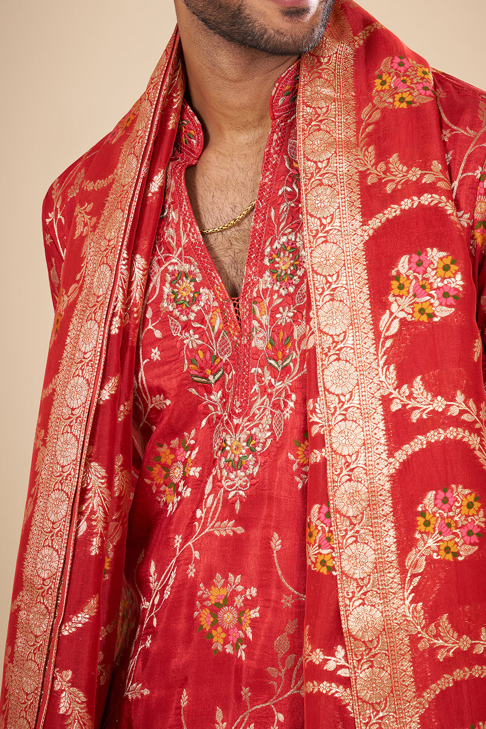 Red Silk Kurta Set with Zari Embroidery