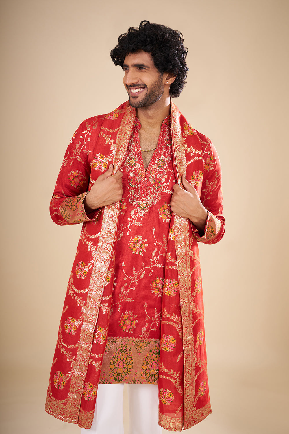 Red Silk Kurta Set with Zari Embroidery