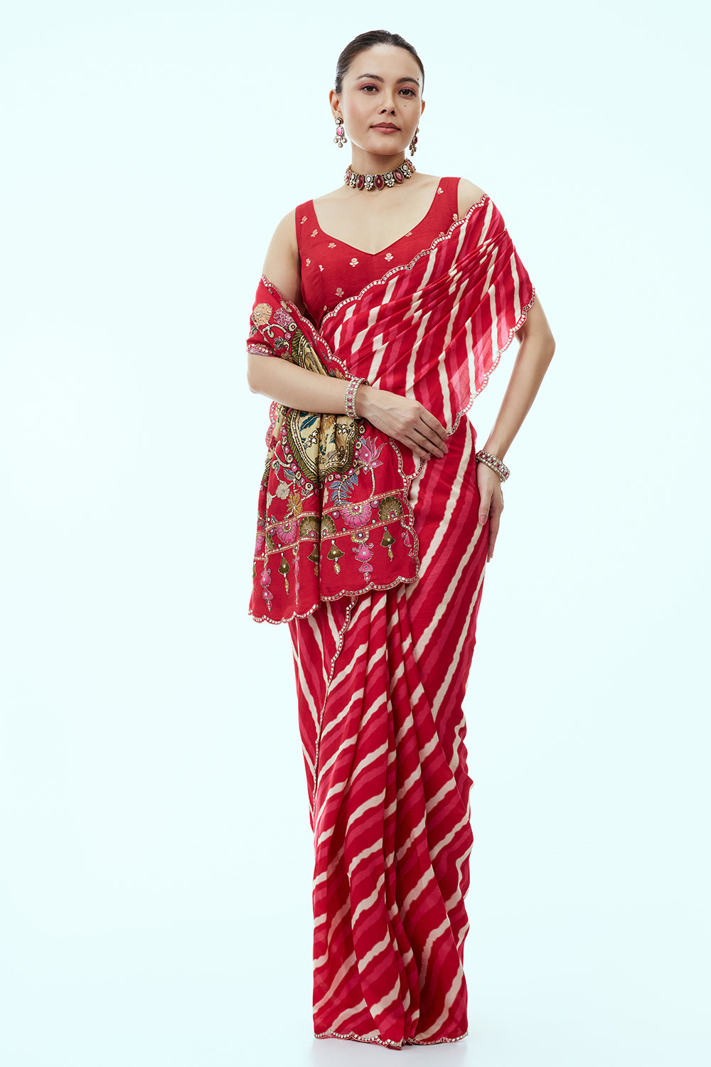 Red Silk Saree with Mirror and Sequin Work With Unstitched Blouse