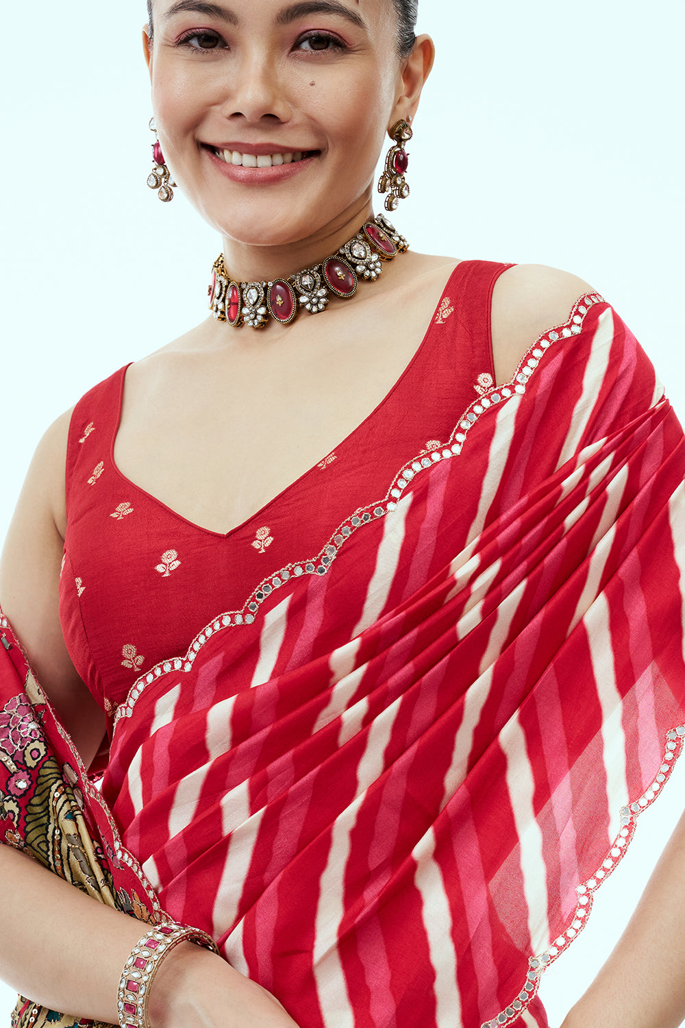 Red Silk Saree with Mirror and Sequin Work With Unstitched Blouse