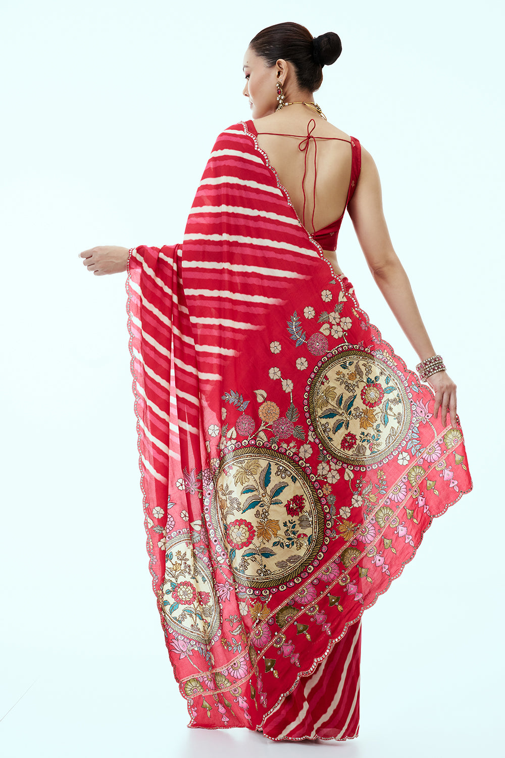 Red Silk Saree with Mirror and Sequin Work With Unstitched Blouse