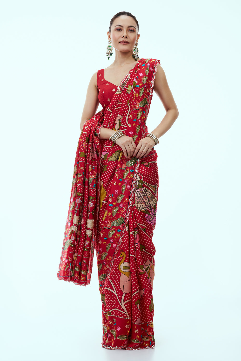 Red Silk Saree with Mirror and Sequin Work and Unstitched Blouse