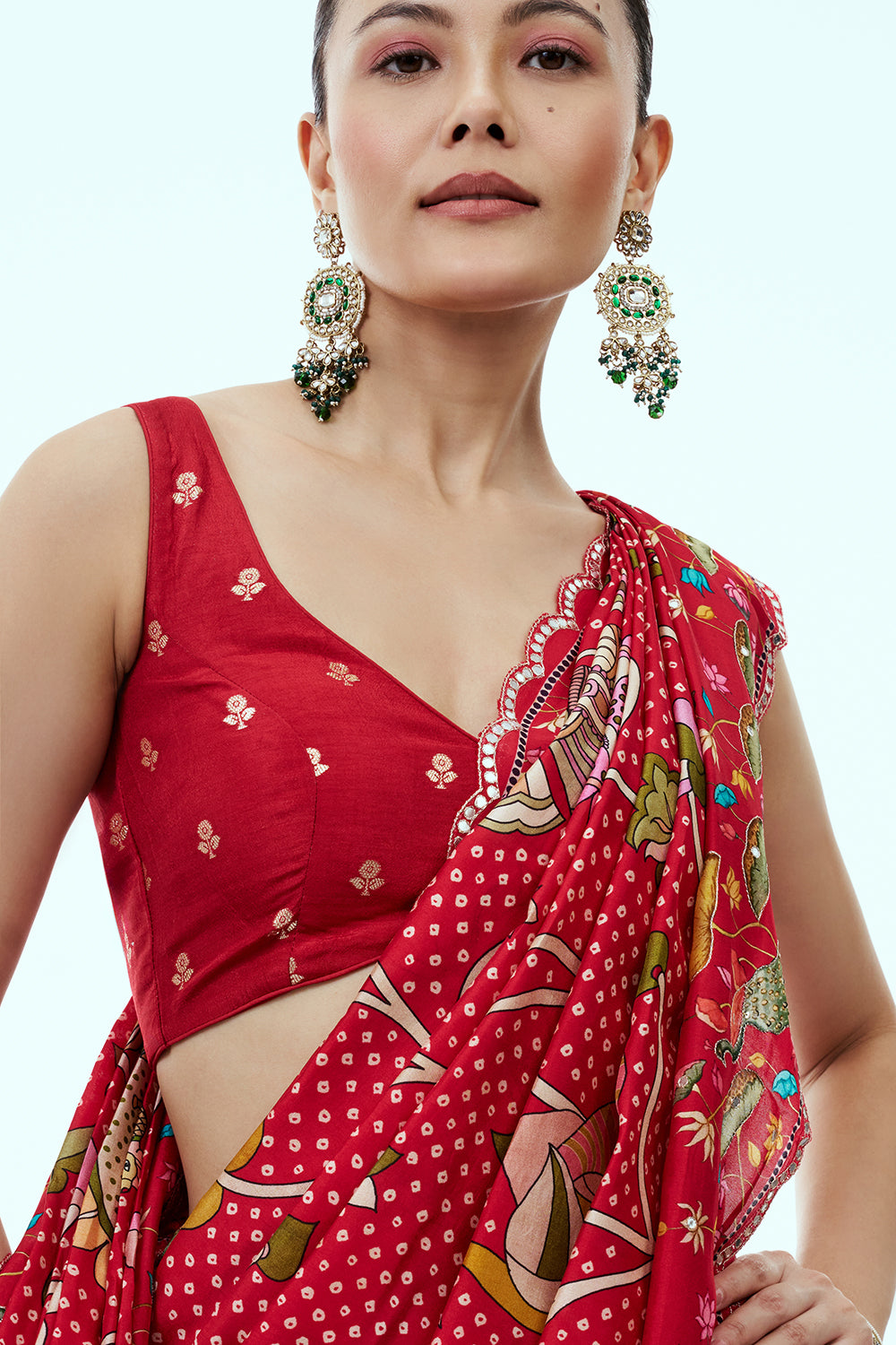 Red Silk Saree with Mirror and Sequin Work and Unstitched Blouse