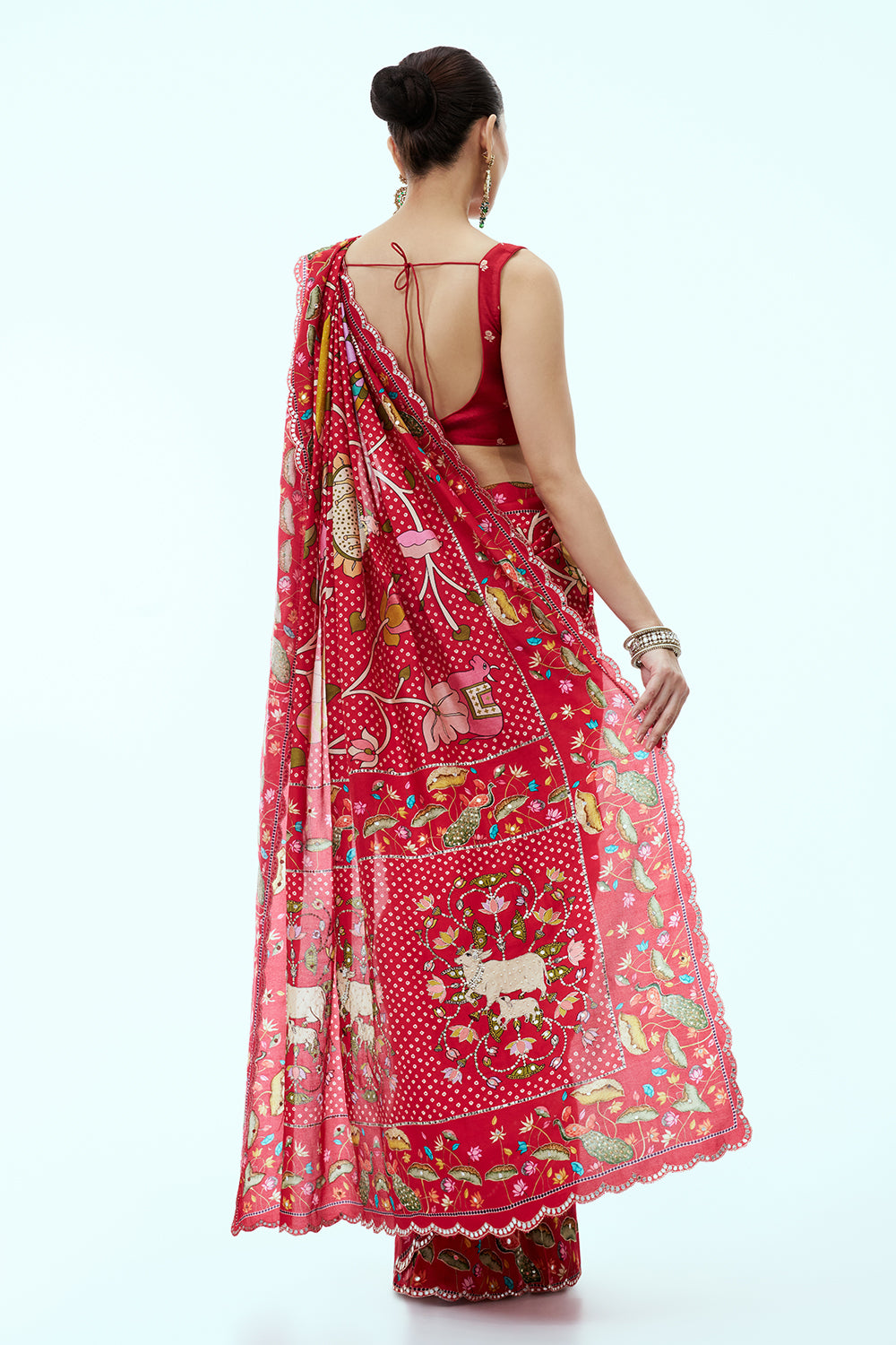 Red Silk Saree with Mirror and Sequin Work and Unstitched Blouse