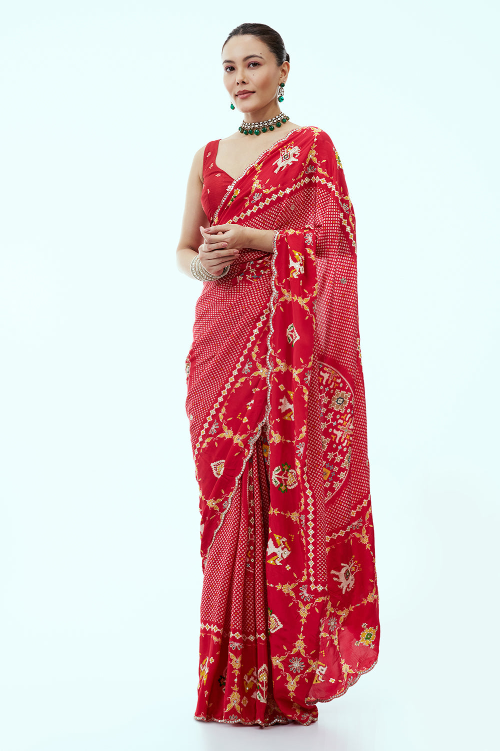 Red Silk Saree with Patola and Bandhej with Zari Work and Unstitched Blouse