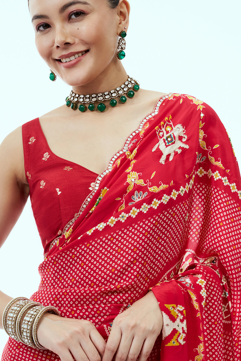 Red Silk Saree with Patola and Bandhej with Zari Work and Unstitched Blouse