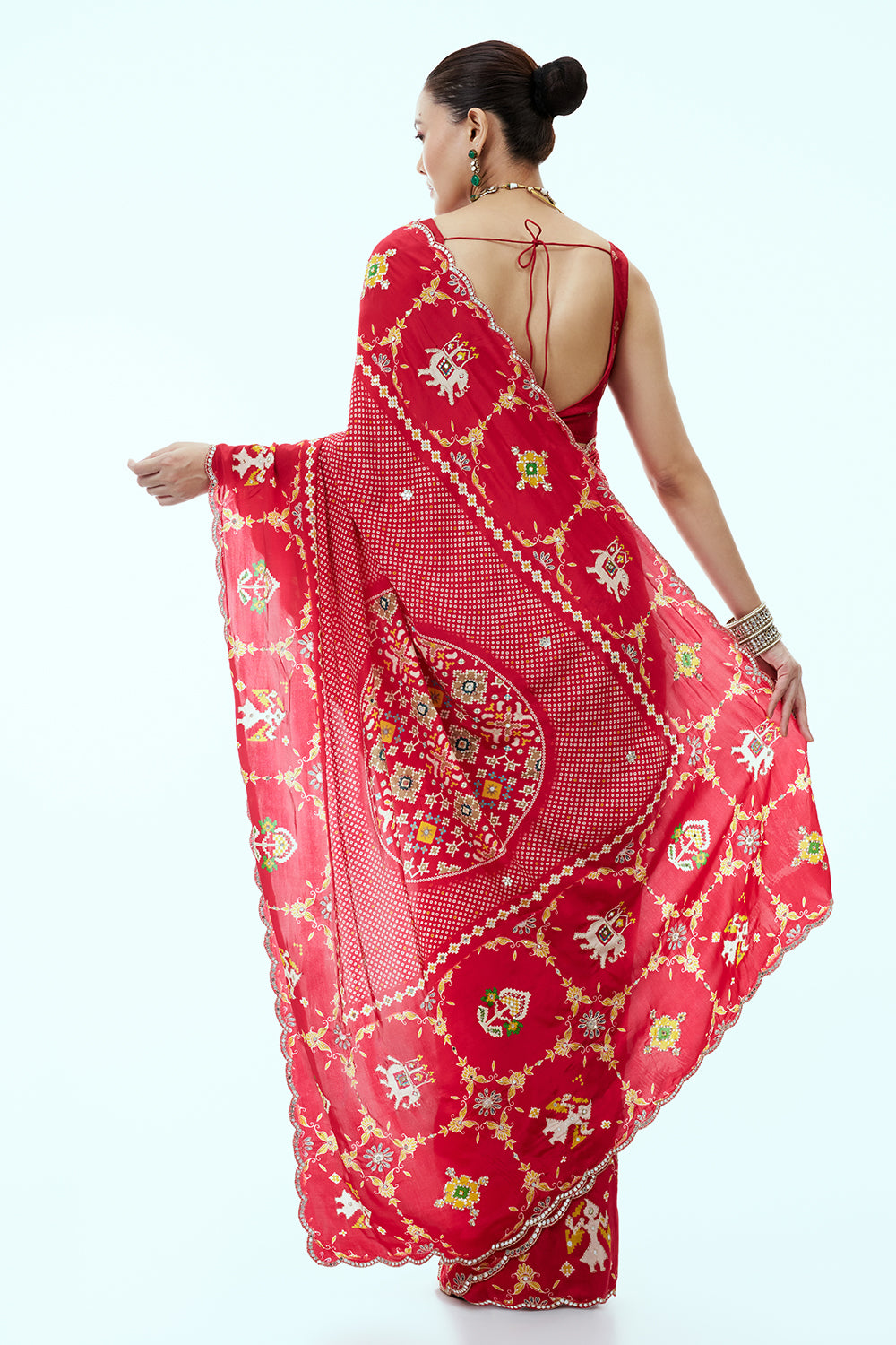 Red Silk Saree with Patola and Bandhej with Zari Work and Unstitched Blouse