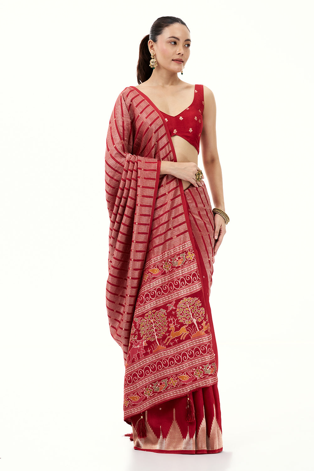 Red Silk Woven Saree with Nature Motifs
