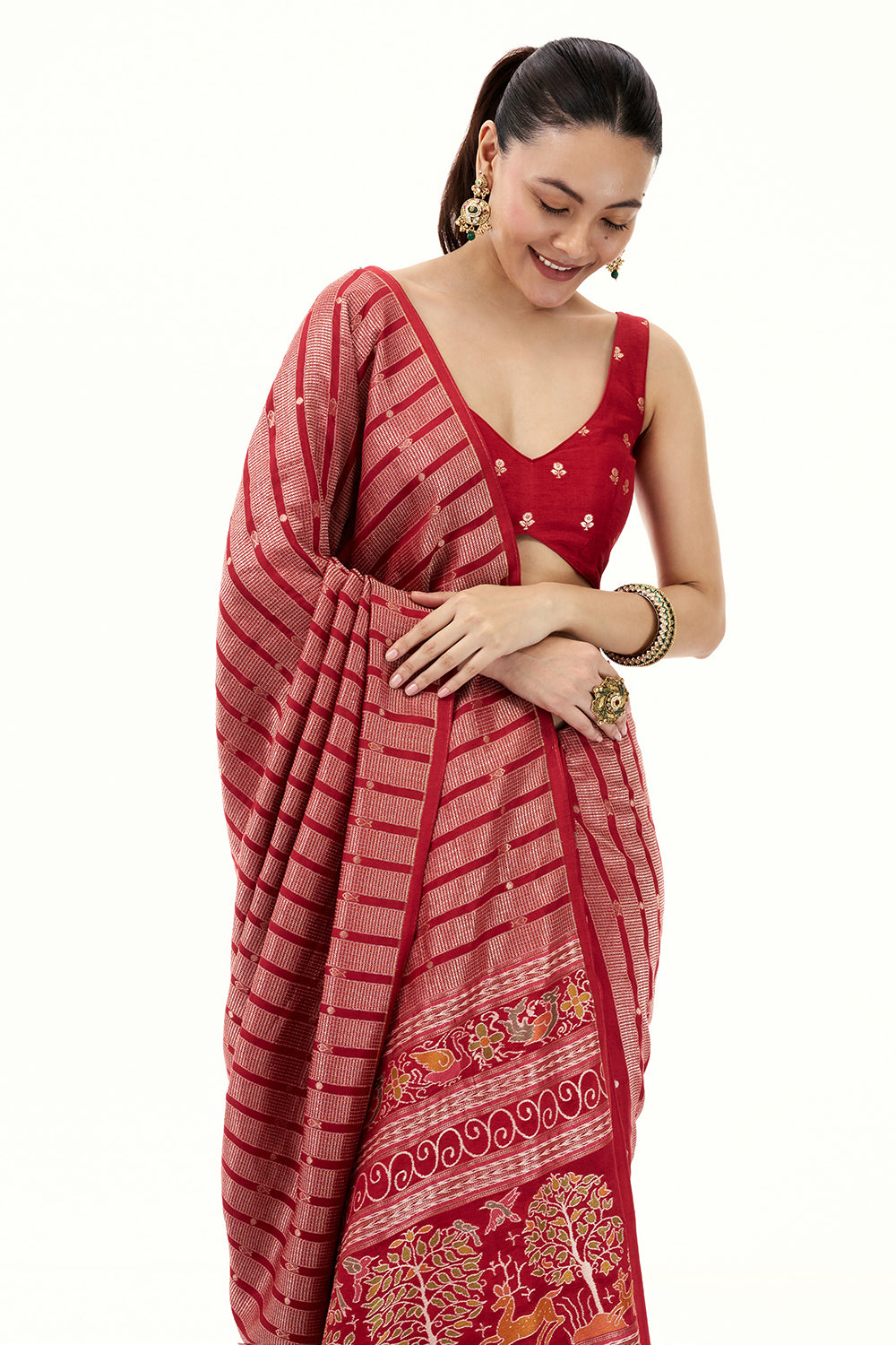 Red Silk Woven Saree with Nature Motifs