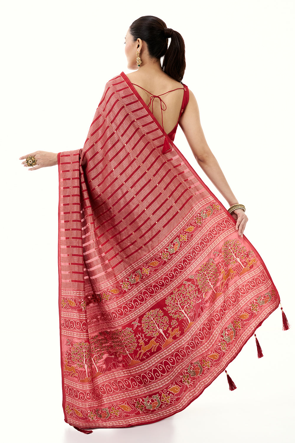 Red Silk Woven Saree with Nature Motifs