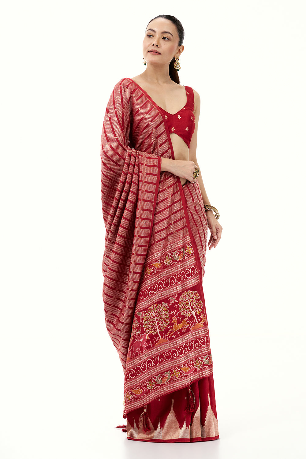 Red Silk Woven Saree with Nature Motifs