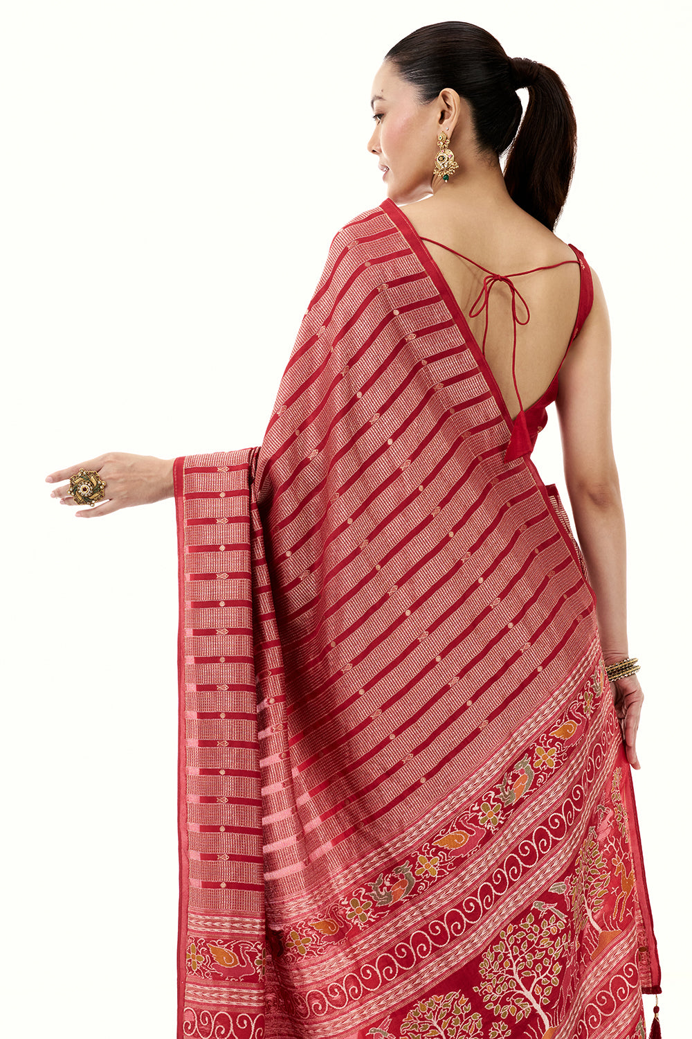 Red Silk Woven Saree with Nature Motifs