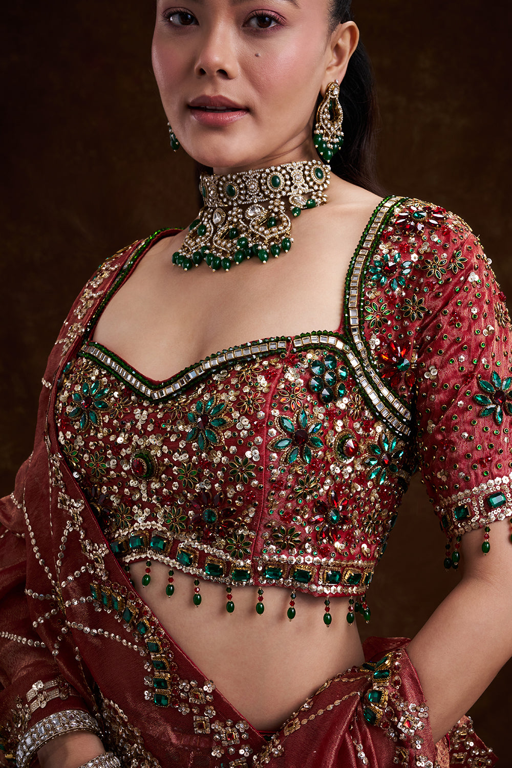 Red Tissue Silk Bridal Lehenga with Stone, Sequin, and Bead Work