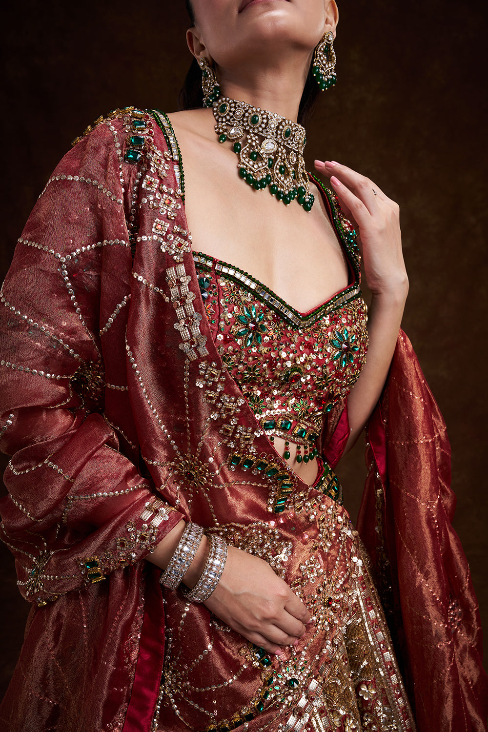 Red Tissue Silk Bridal Lehenga with Stone, Sequin, and Bead Work