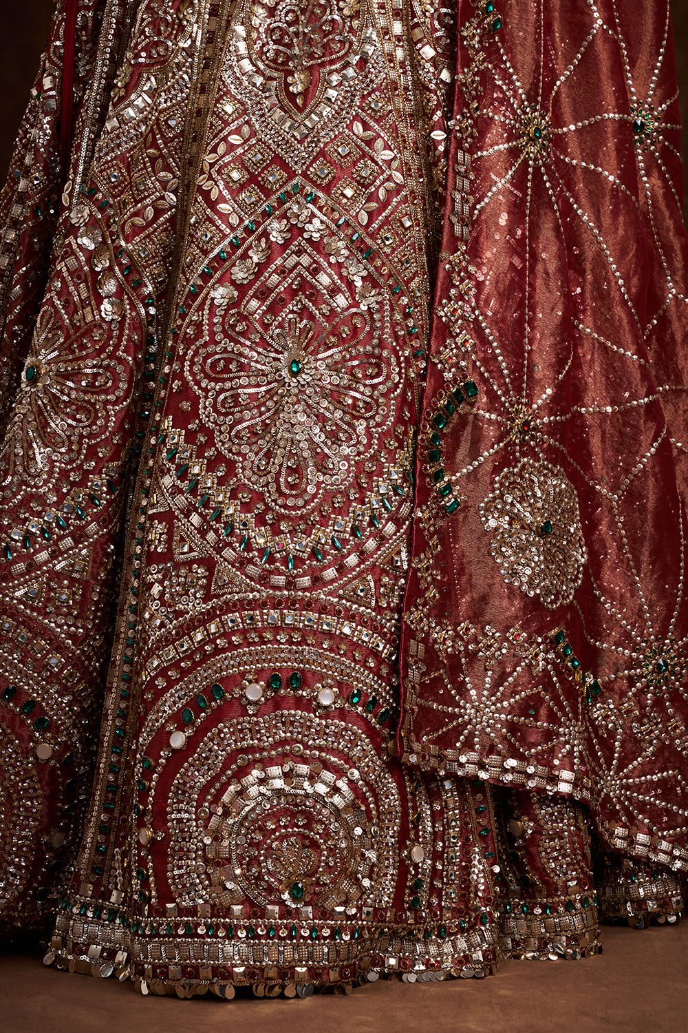 Red Tissue Silk Bridal Lehenga with Stone, Sequin, and Bead Work