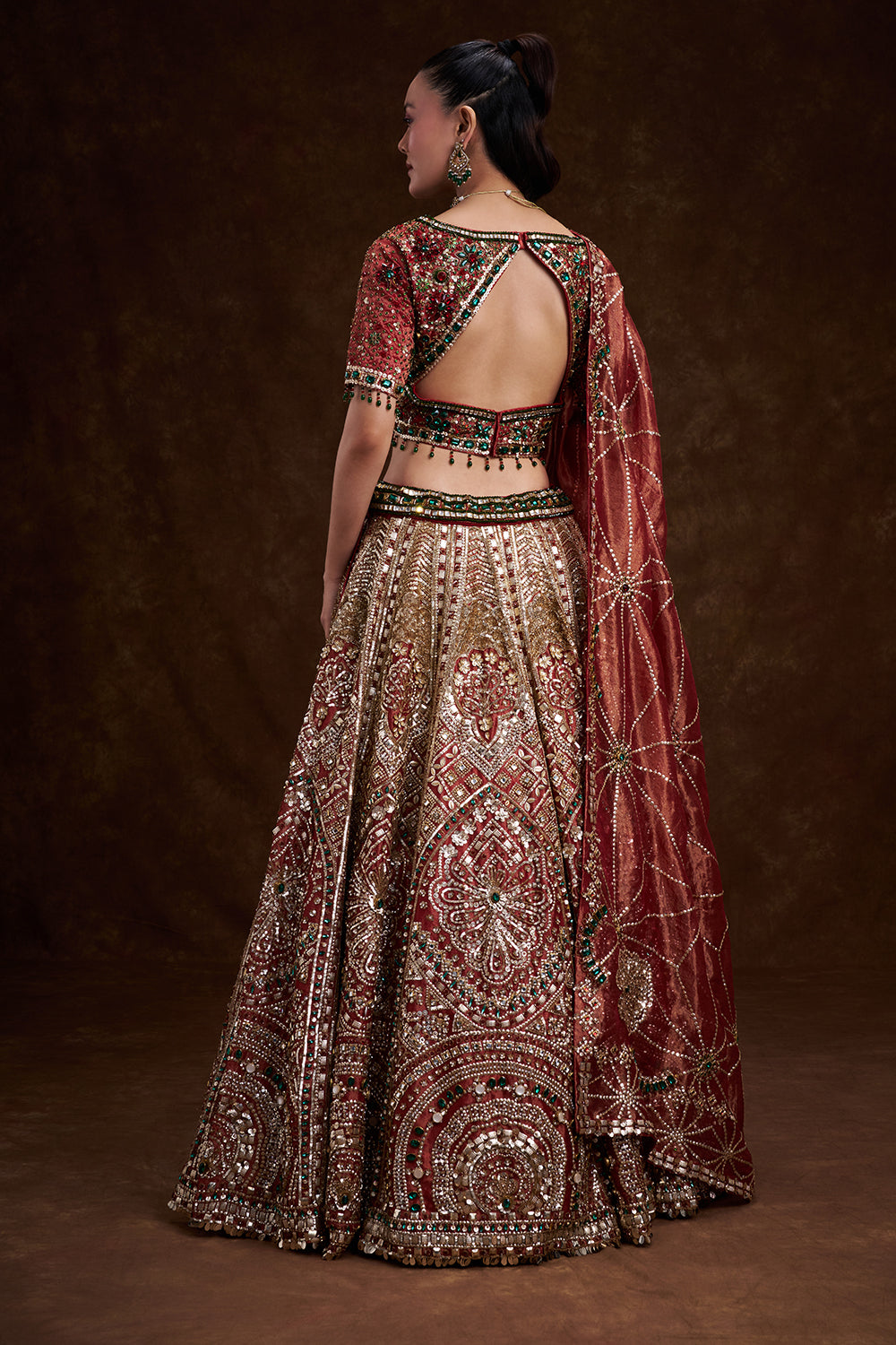 Red Tissue Silk Bridal Lehenga with Stone, Sequin, and Bead Work