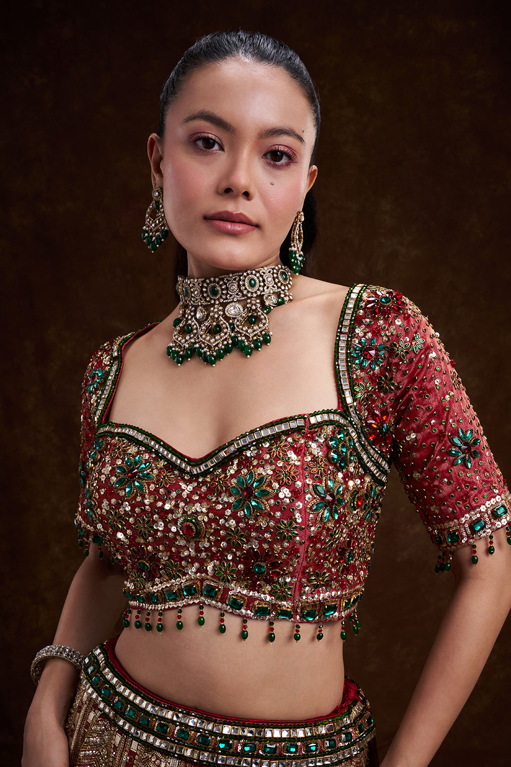 Red Tissue Silk Bridal Lehenga with Stone, Sequin, and Bead Work