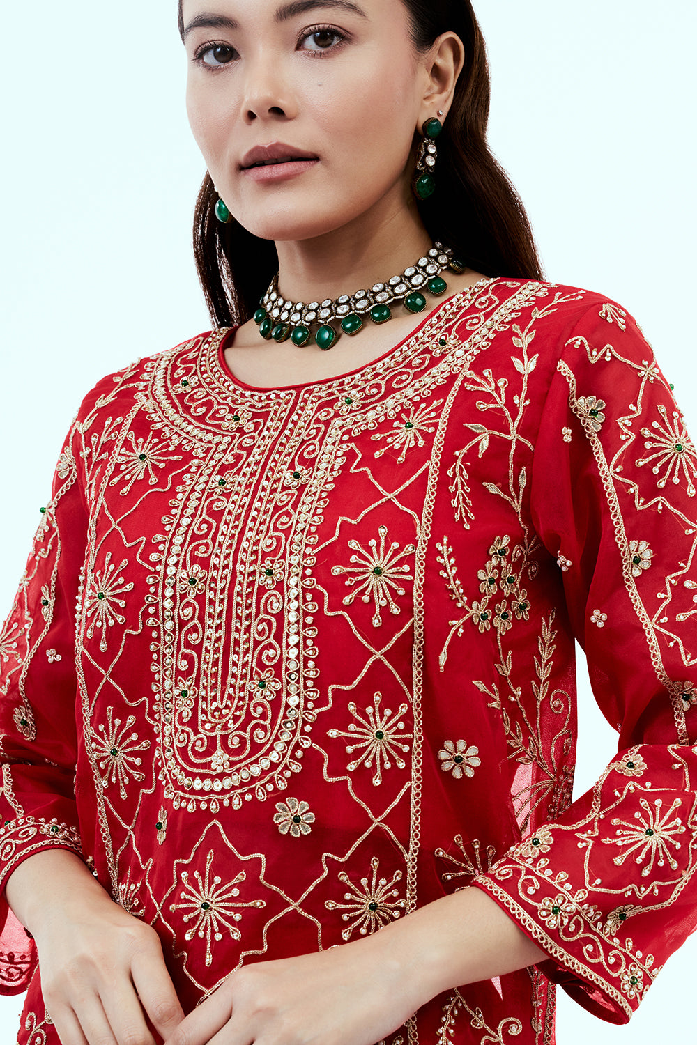 Red Uppada Silk Suit Set with Zardosi Work