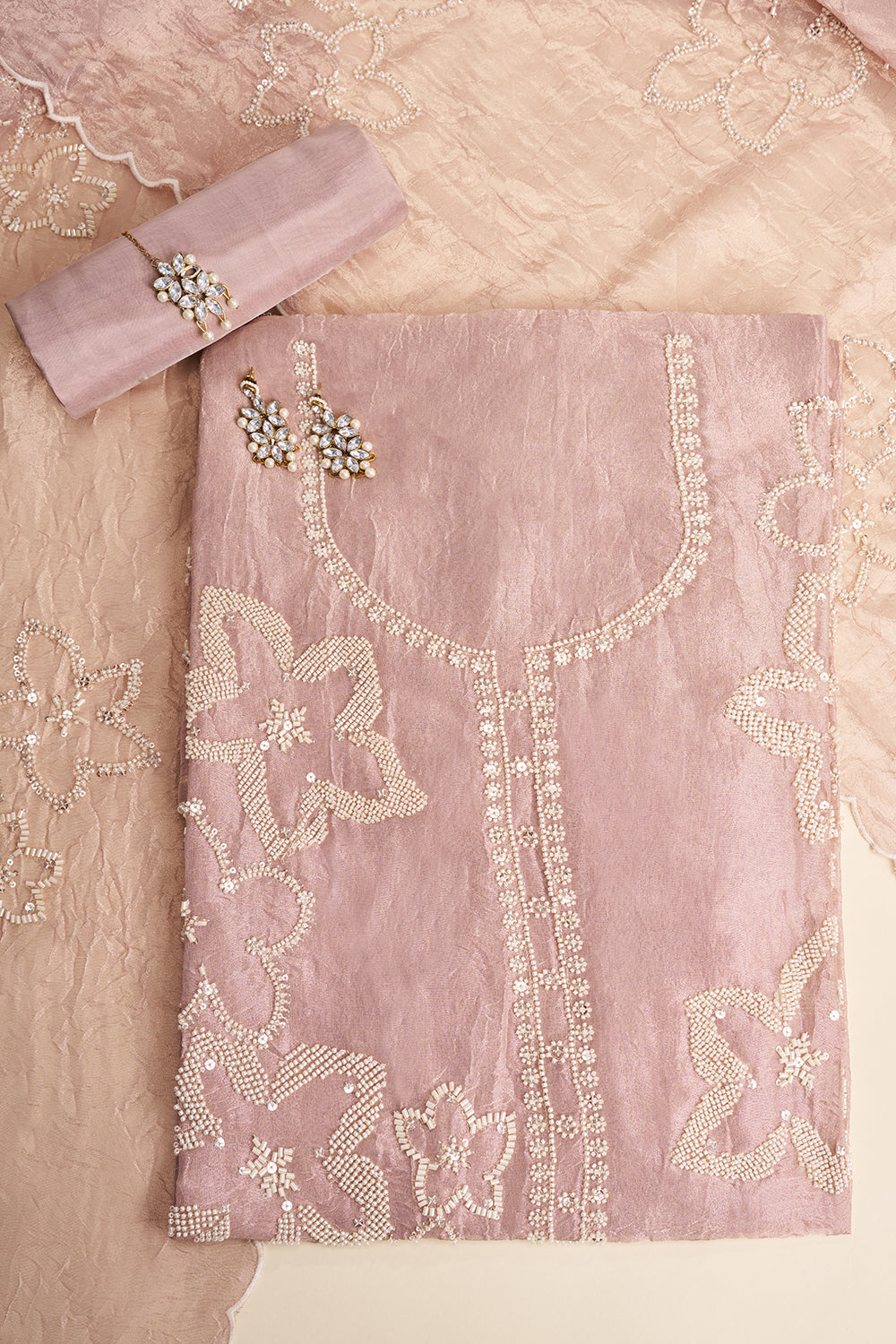 Rose Gold Cutdana & Moti Embroidered Unstitched Suit Set