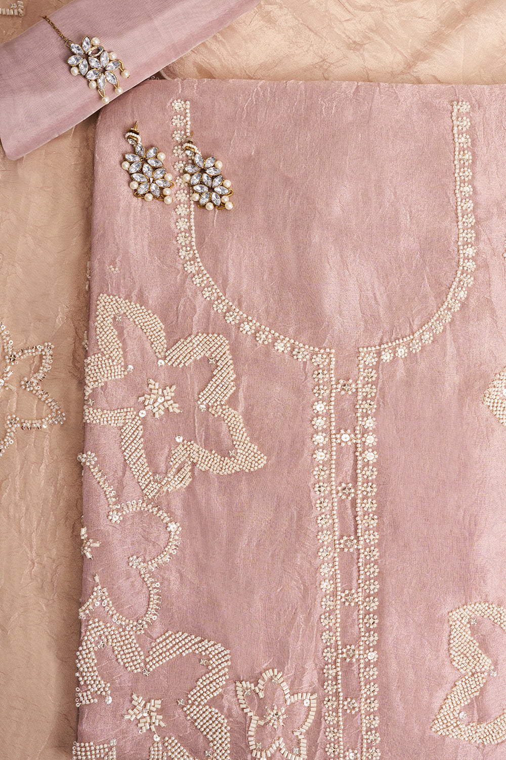 Rose Gold Cutdana & Moti Embroidered Unstitched Suit Set