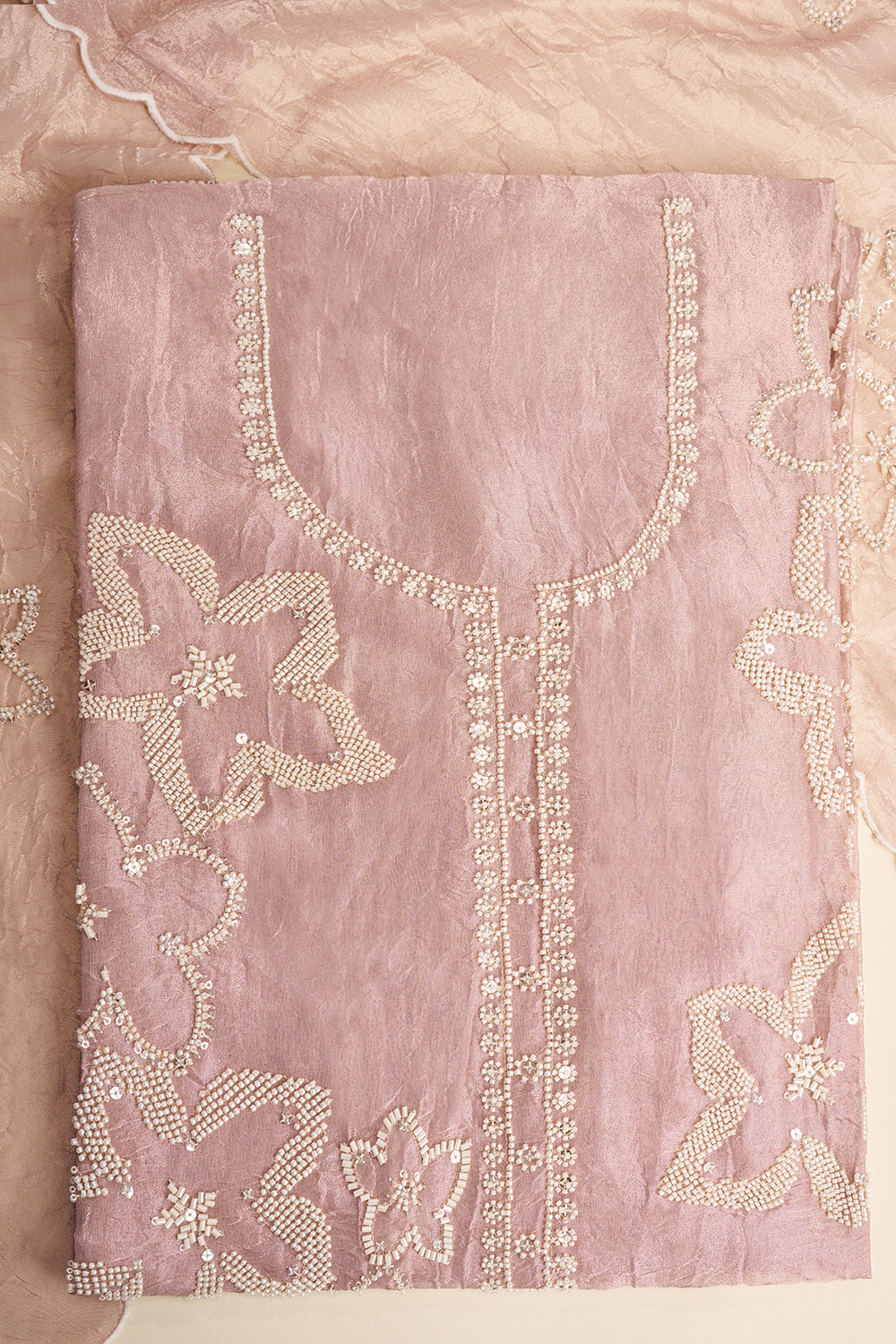 Rose Gold Cutdana & Moti Embroidered Unstitched Suit Set