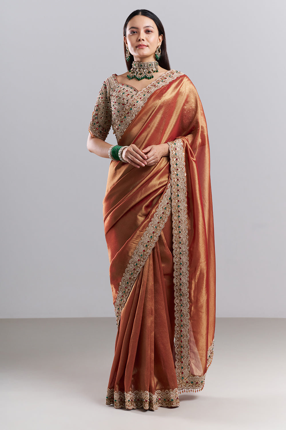 Rose Gold Embellished Border Saree and Stitched Blouse