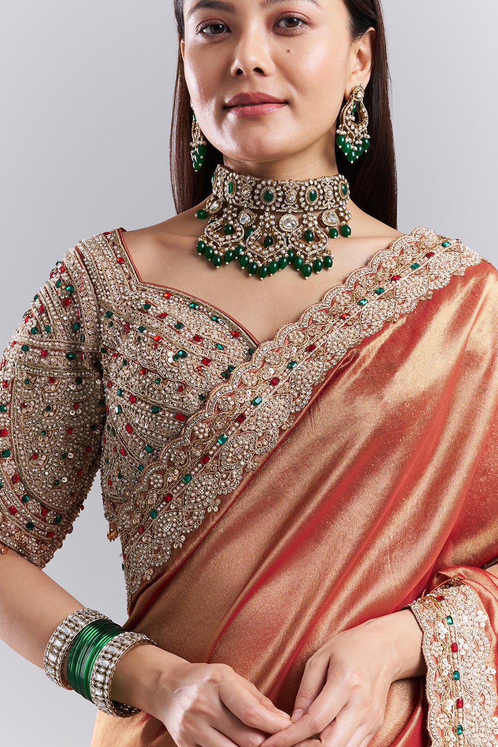 Rose Gold Embellished Border Saree and Stitched Blouse