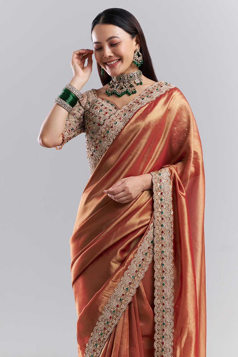 Rose Gold Embellished Border Saree and Stitched Blouse