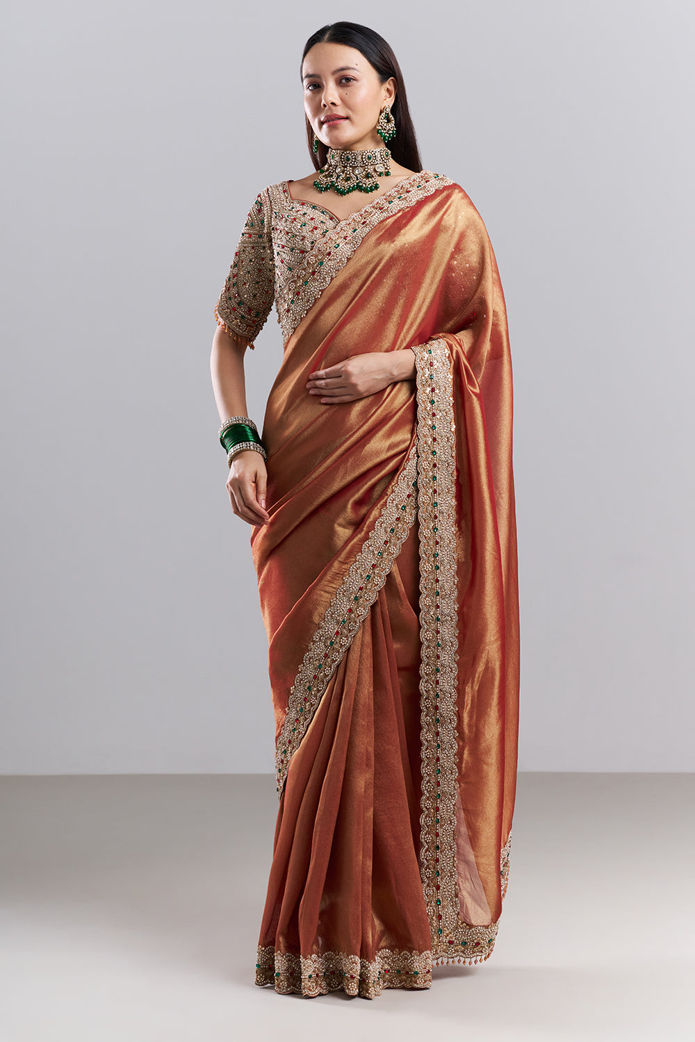 Rose Gold Embellished Border Saree and Stitched Blouse