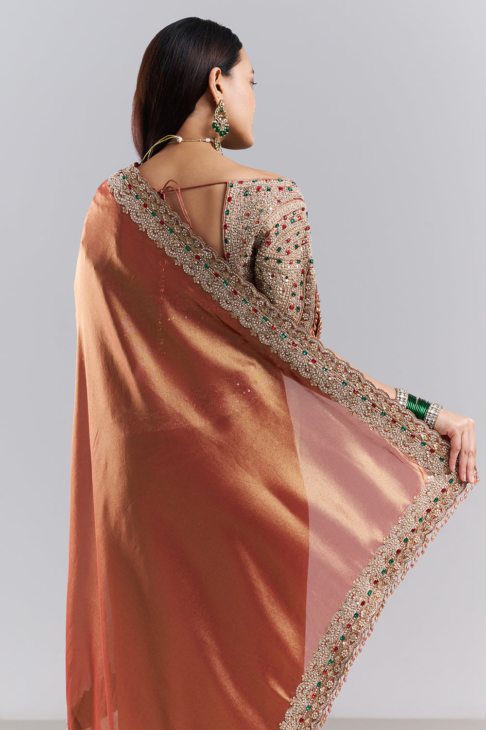 Rose Gold Embellished Border Saree and Stitched Blouse