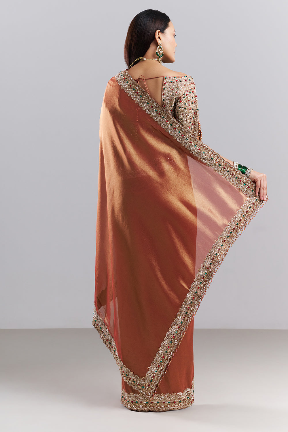 Rose Gold Embellished Border Saree and Stitched Blouse