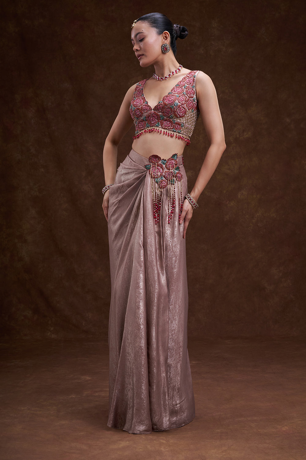 Rose Gold Floral Embellished Drape Skirt Set