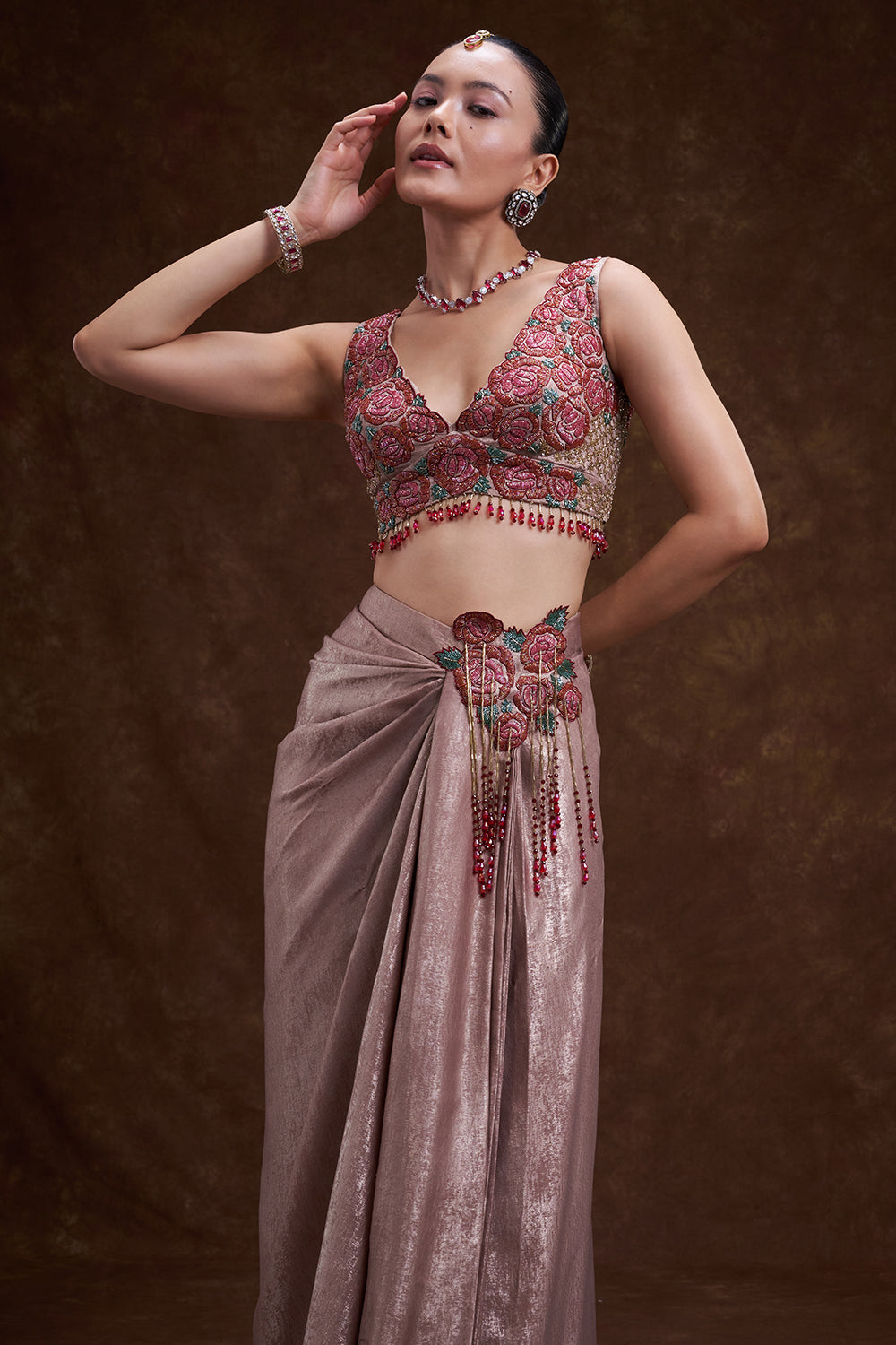 Rose Gold Floral Embellished Drape Skirt Set
