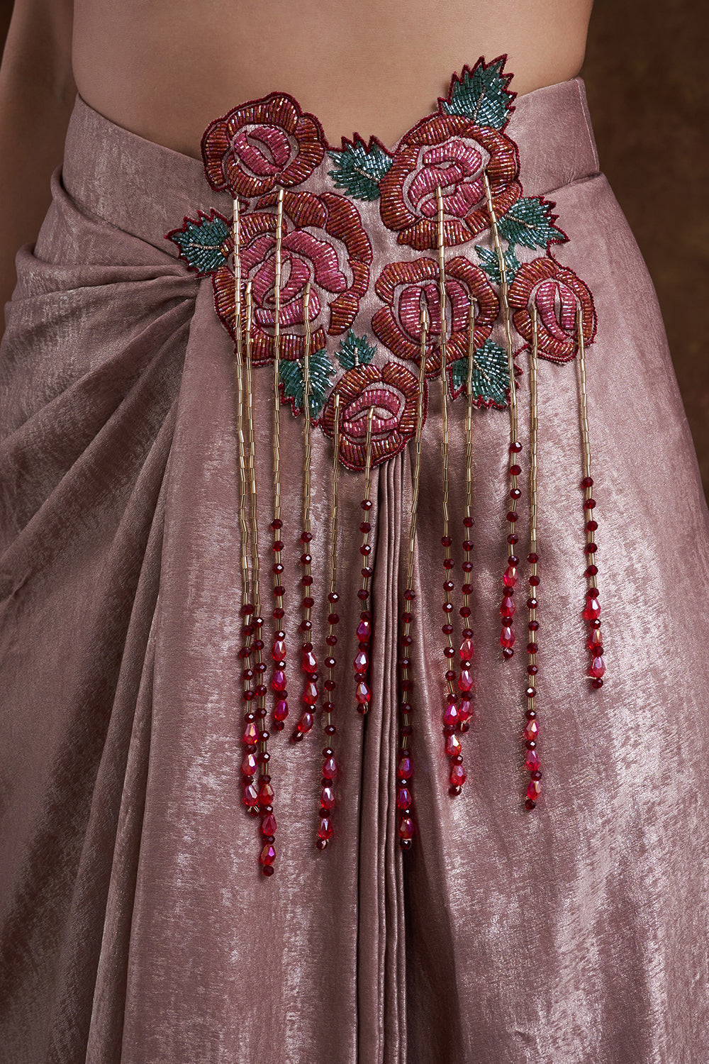Rose Gold Floral Embellished Drape Skirt Set
